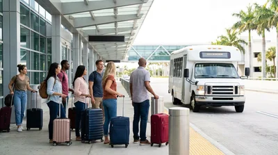 Passengers with luggage boarding a car rental shuttle bus outside LaGuardia Airport in New York