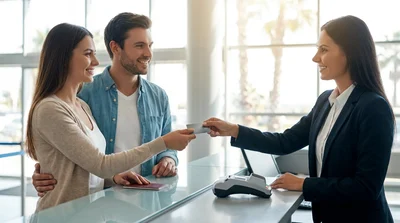 Close-up of a traveler handing a credit card to a car rental agent at a desk in Miami