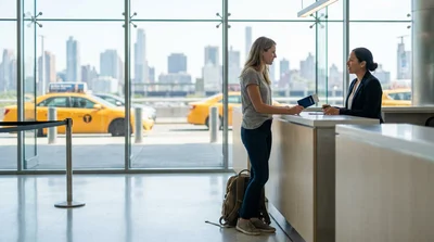 A person handing an emergency passport to a clerk at a car rental desk in New York
