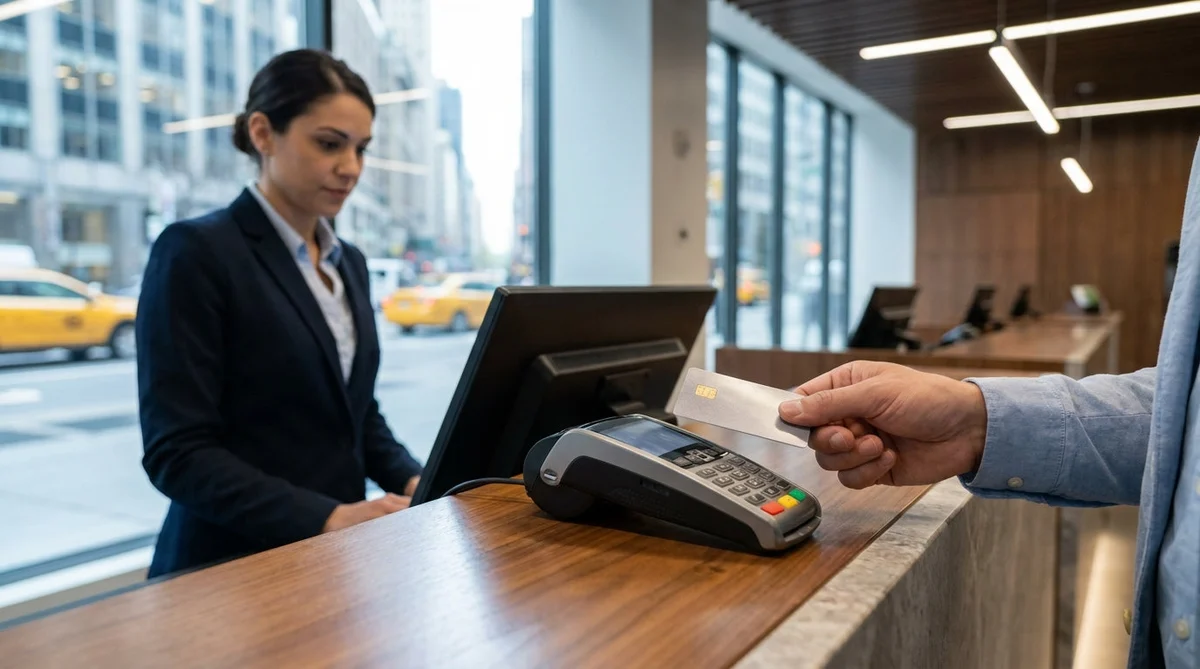 Close-up of a customer handing a credit card to a clerk at a car rental desk in New York