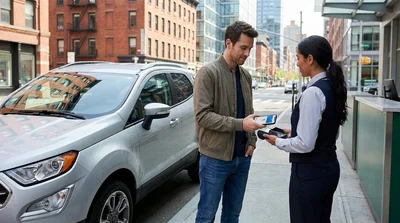 Person tapping a smartphone on a payment terminal at a car rental desk in New York