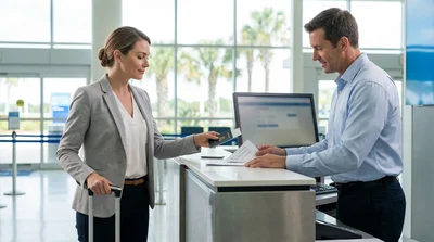 Traveler with luggage presenting documents at an Orlando Airport car rental counter