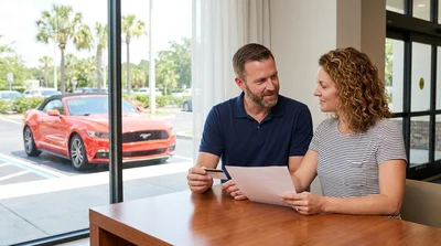 Two people standing at a car rental counter in an Orlando airport terminal