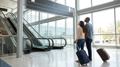 Travelers rolling luggage past overhead signs for the car rental center at Miami Airport