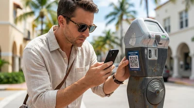 A person pays at a parking meter for their car hire on a sunny street in Miami