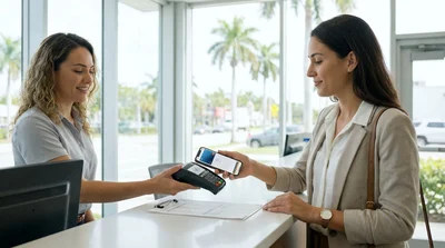 Person tapping a smartphone to pay for a car hire at a bright rental desk in Miami