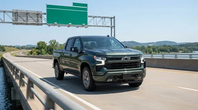 Silver car rental driving along a highway with the New York skyline in the background