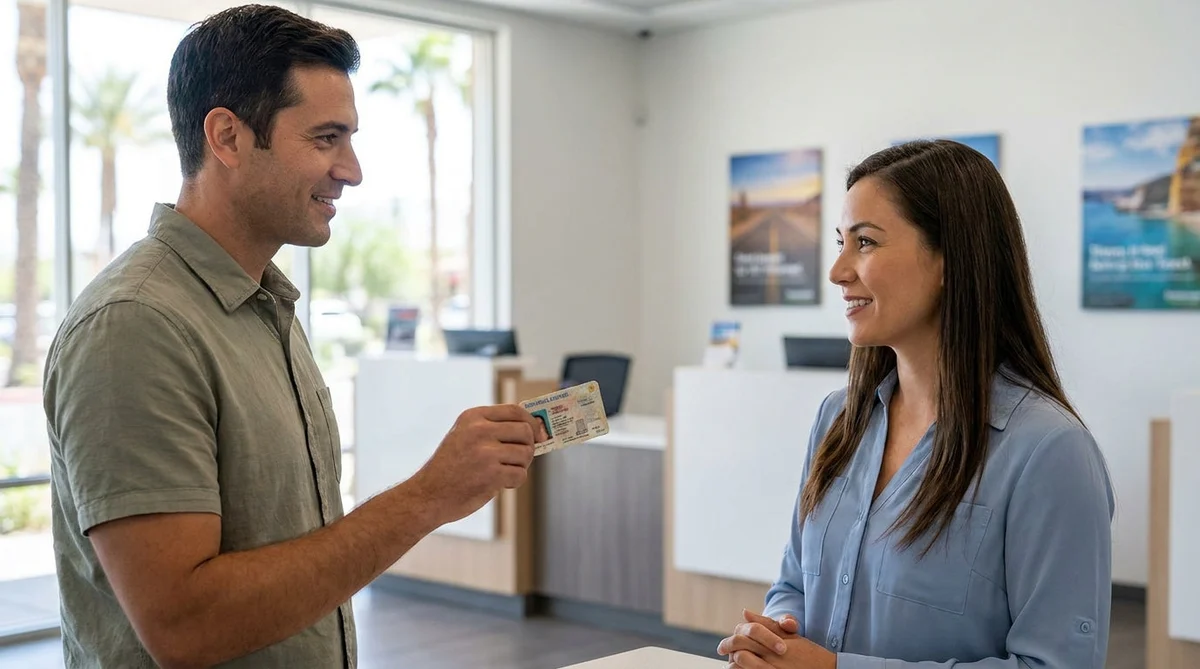 Person presenting a scratched driving license at a car hire counter in Las Vegas
