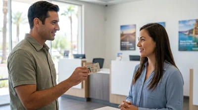 Person presenting a scratched driving license at a car hire counter in Las Vegas