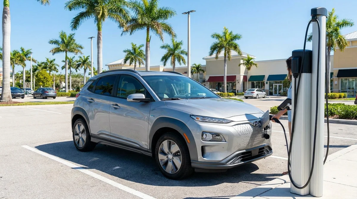 Electric car rental plugged into an EV charging station near palm trees in Florida