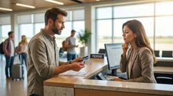 Customer handing a driver's license to an agent at a Texas car hire counter