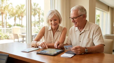 Senior couple driving a convertible car rental along a sunny coastal road in Florida
