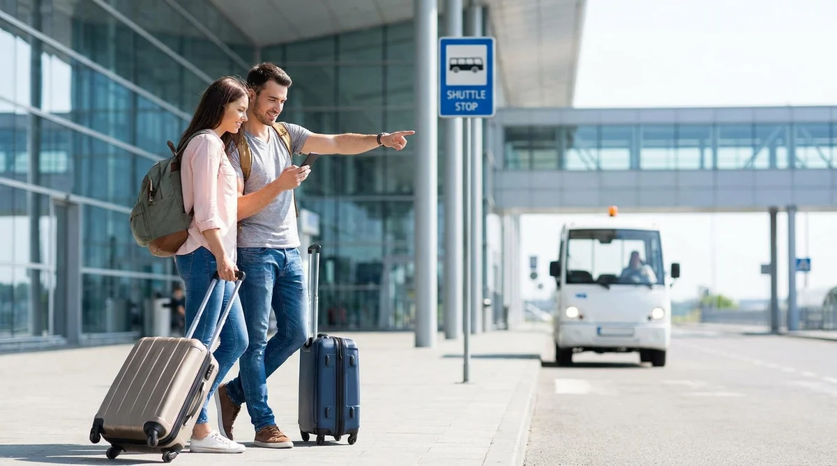 Row of parked vehicles available for car hire outside an airport terminal in New York