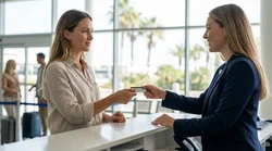 Customer handing a driving licence to an agent at a Florida car rental counter