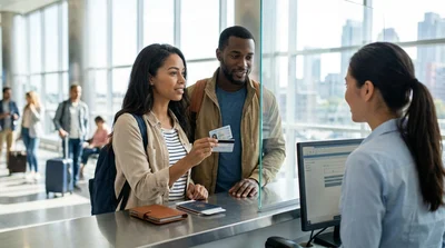 A customer handing an ID card to an agent at a car rental counter in New York