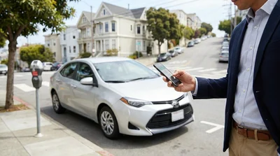 Silver car rental parked next to a street parking meter on a steep hill in San Francisco