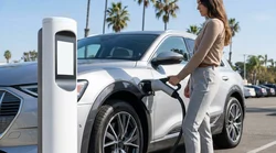 Electric car rental plugged into a roadside charging station on a sunny day in California