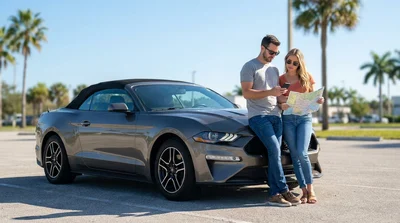 Person checking a smartphone navigation app behind the wheel of a Florida car rental