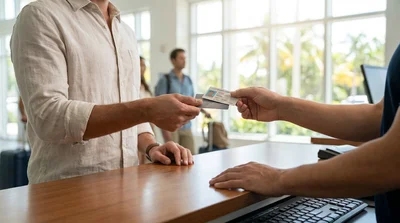 Customer handing an ID and credit card to an agent at a Miami car rental desk
