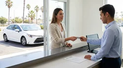 Person handing a credit card to a service agent at a car rental counter in California