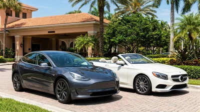 Black luxury car rental parked under tall palm trees on a sunny coastal road in Florida