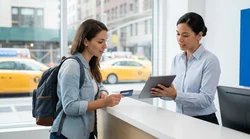 Person holding a debit card next to a parked car rental vehicle on a New York street