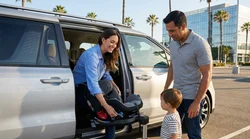 Parent securing a child safety seat inside a car rental parked on a scenic California road
