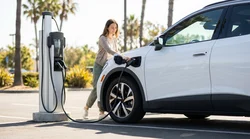 Driver plugging a cable into an electric car rental at a charging station under palm trees in California