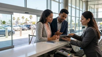 Person receiving keys for a premium car rental at a pickup lot in Los Angeles