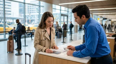 Person comparing an International Driving Permit and license at a New York car rental counter