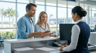 Close-up of hands passing a driving license to an agent at a car rental desk in Florida