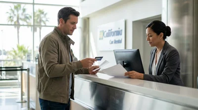 Customer handing a credit card to an agent at a car rental desk in California