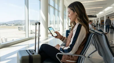 Person holding a smartphone displaying a map inside a car rental at San Francisco airport