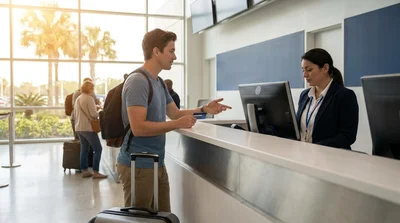 Customer handing a debit card to a staff member at an Orlando car rental desk
