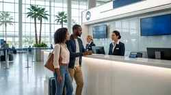 Travelers standing at a shared car hire desk inside the Orlando airport terminal