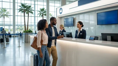 Travelers standing at a shared car hire desk inside the Orlando airport terminal