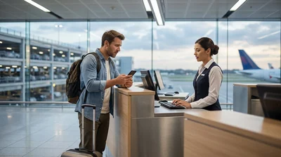 Traveler with luggage approaching a car rental counter inside JFK Airport in New York