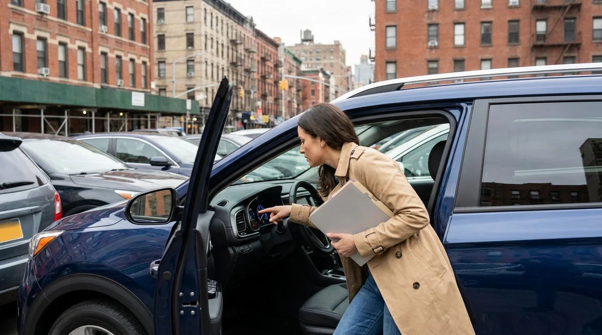 Person checking the dashboard fuel gauge of a car rental on a New York street