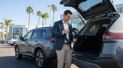 Person plugging a charging cable into an electric car rental on a sunny street in California
