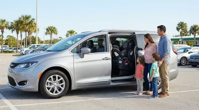Parents buckling a toddler into a child seat inside a Florida car rental parked under palm trees