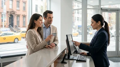 Person holding a credit card and keys at a car rental counter in New York
