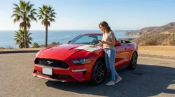 Driver in a white car rental traveling on a scenic coastal highway in California