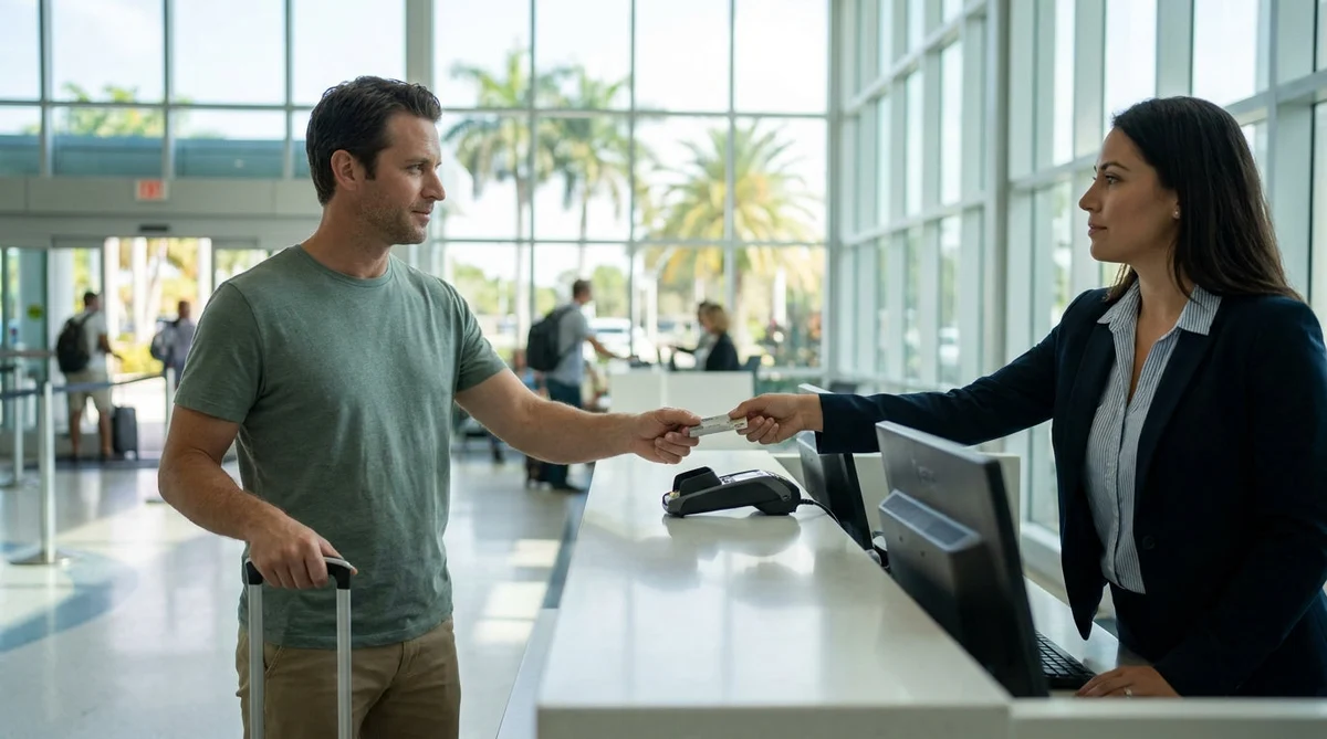 Customer handing a credit card to an agent at a car hire desk in Florida