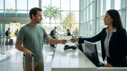 Customer handing a credit card to an agent at a car hire desk in Florida