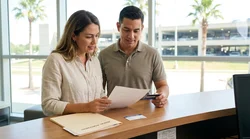 Person reading car rental paperwork and insurance documents next to a vehicle in Texas