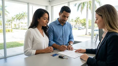 Close-up of a person checking paperwork inside a car hire vehicle in Miami