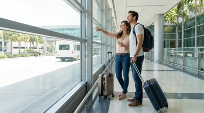 Travelers with luggage waiting for a car hire shuttle bus outside LAX Terminal 6 in Los Angeles