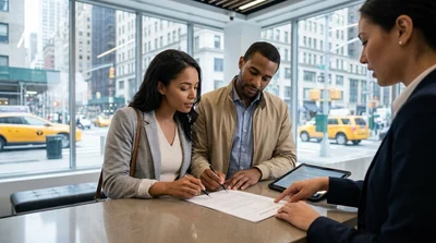 Person signing a car rental agreement on the hood of a vehicle parked on a New York street