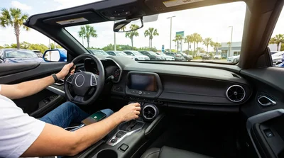 Driver connecting a smartphone cable to the Apple CarPlay screen of a car rental in Orlando