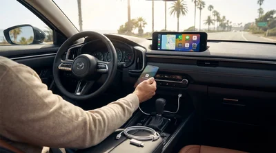 Smartphone connected by cable to a car rental dashboard screen showing Apple CarPlay on a sunny California road